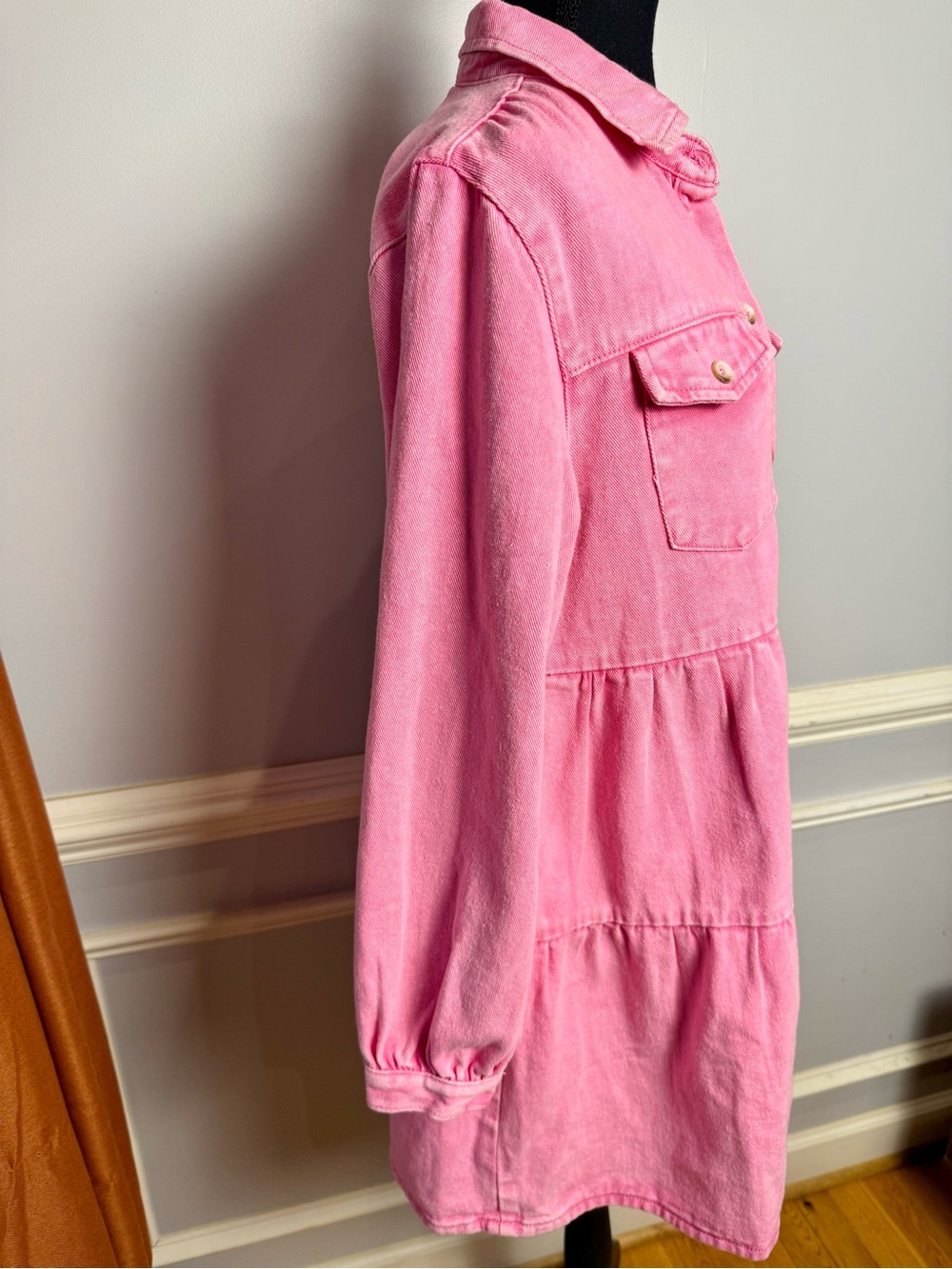 Andrée By Unit Pink Denim Tiered Shirt Dress Button Front Long Sleeve M - Picture 5 of 11